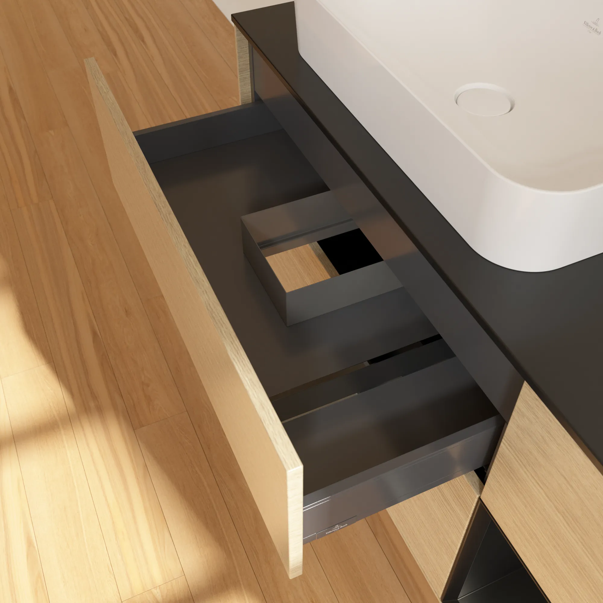 Villeroy & Boch Waschtischunterschrank „Finion“ für Schrankwaschtisch 1200 × 603 × 501 mm Oak Veneer, ohne Hahnlochbohrung, für Becken links Villeroy & Boch Waschtischunterschrank „Finion“ für Schrankwaschtisch 1200 × 603 × 501 mm Oak Veneer, ohne Hahnlochbohrung, für Becken links