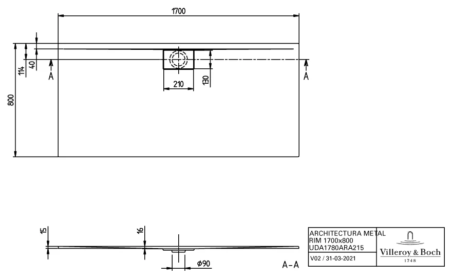 Villeroy & Boch rechteck Duschwanne „Architectura MetalRim“ 170 × 80 cm mit Antirutsch (VILBOgrip), in Weiß Alpin