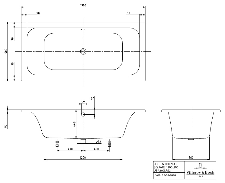 Villeroy & Boch Badewanne mit eckiger Innenform „Loop & Friends“ umlaufender Wannenrand rechteck 190 × 90 cm, rechteckig, Mittelablauf 