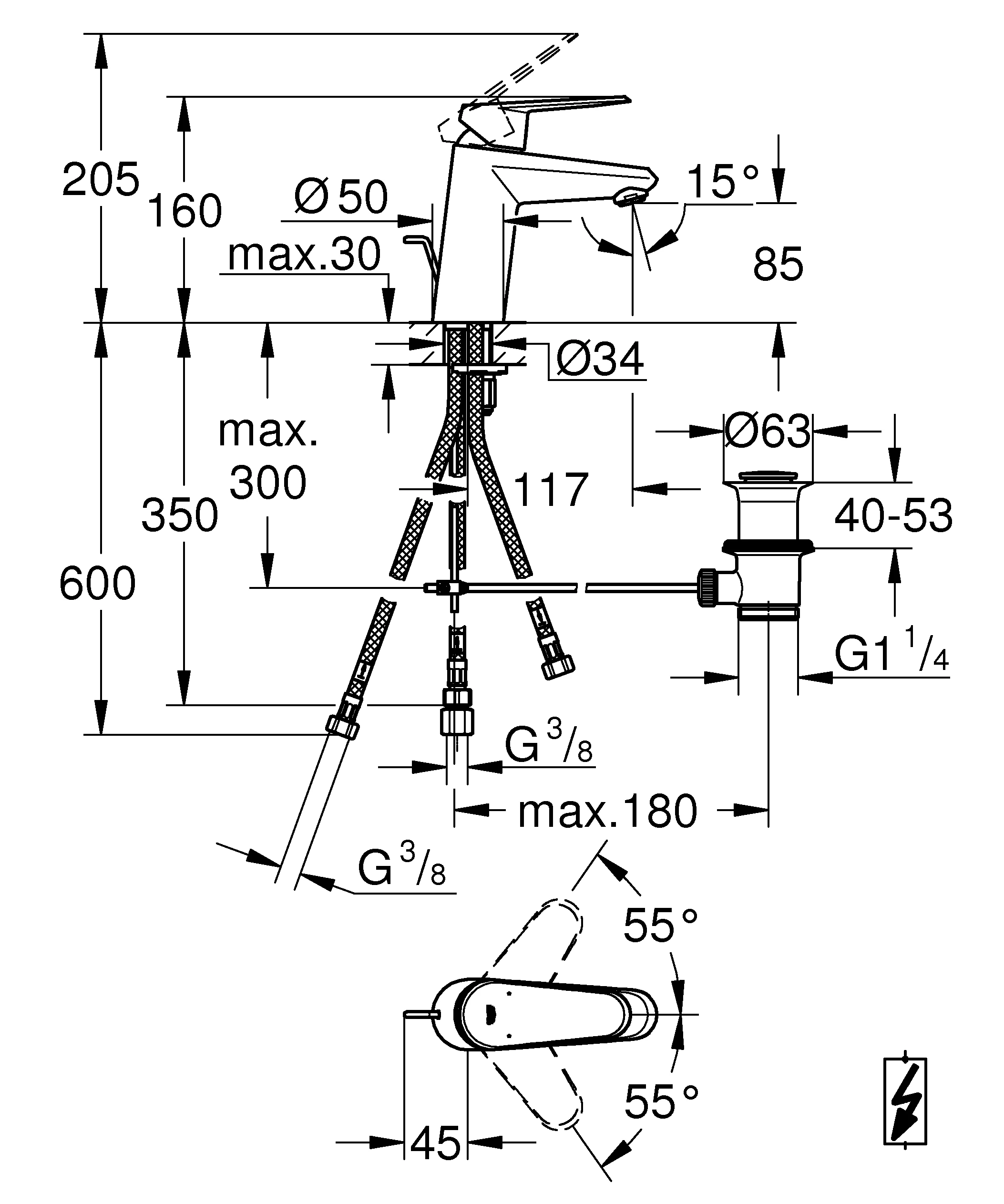 Einhand-Waschtischbatterie Eurodisc Cosmopolitan 33177_2, S-Size, Einlochmontage, Zugstangen-Ablaufgarnitur 1 1/4'', chrom