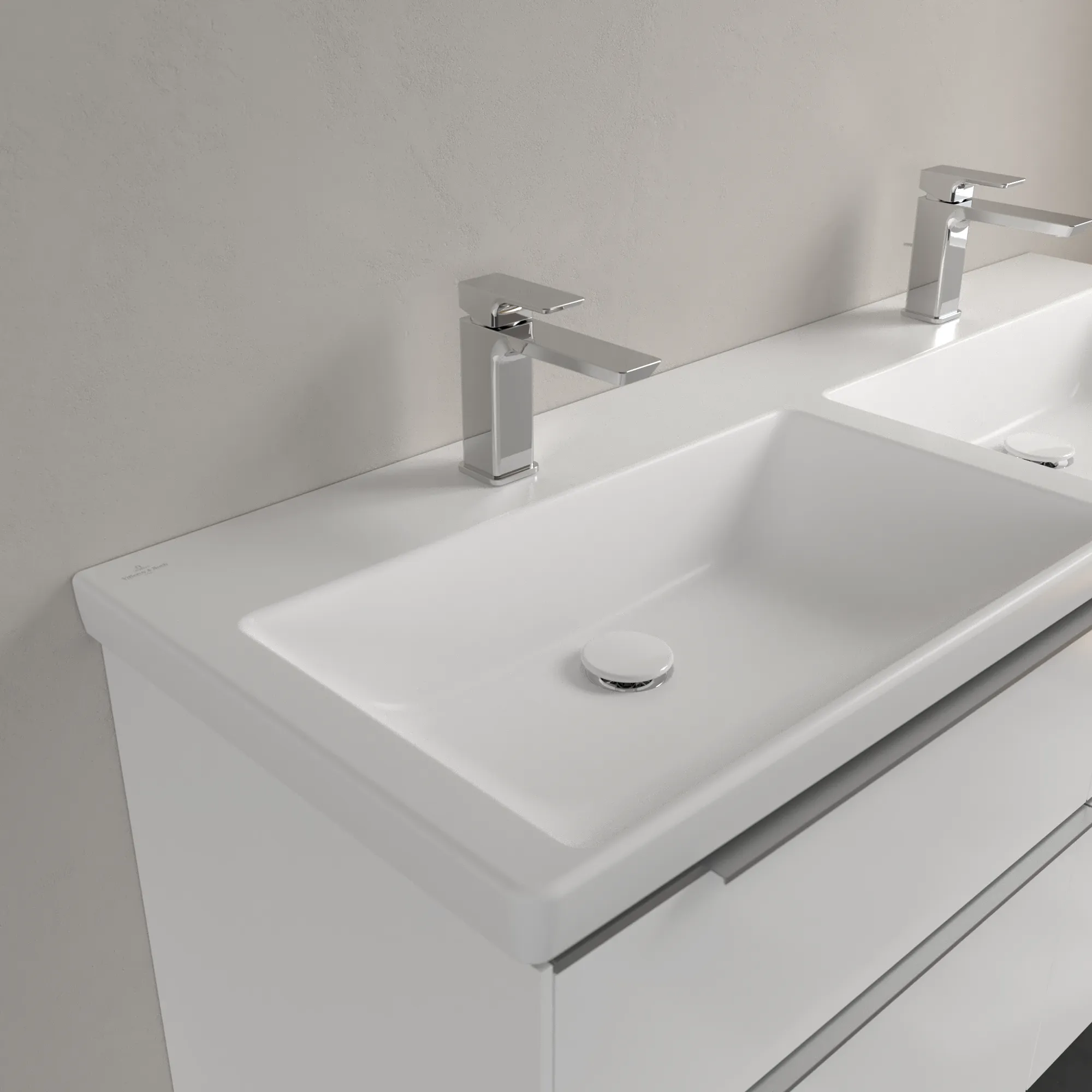 Villeroy & Boch Doppelwaschtisch aus TitanCeram „Subway 3.0“ 1300 × 475 × 165 mm, mit Hahnlochbohrung, Hahnlochposition links und rechts in Stone White