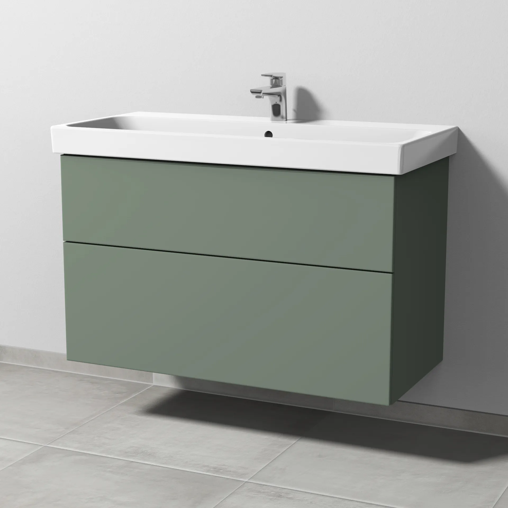 Sanipa Waschtischunterschrank „3way“ 950 × 588 × 453 mm in Soft-Green, mit Hahnlochbohrung, Becken mittig