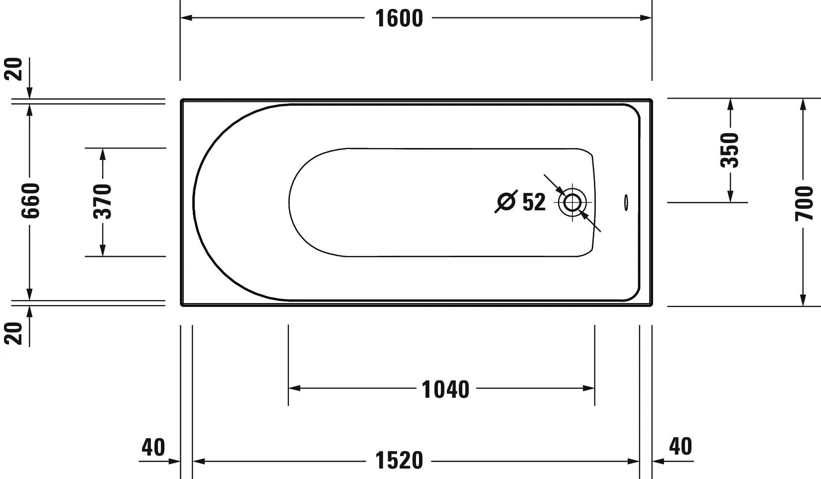 Duravit Whirlwanne „D-Neo“ rechteck 160 × 70 cm, Fußablauf