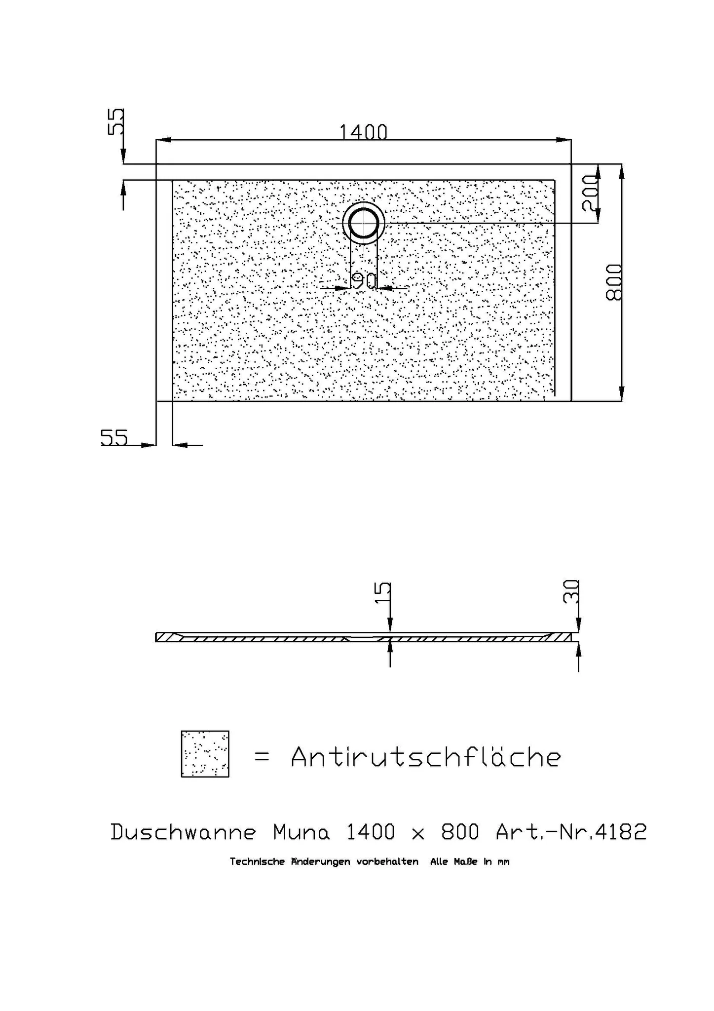 Duschwanne „Muna“ Rechteck 140 × 80 cm in Steingrau