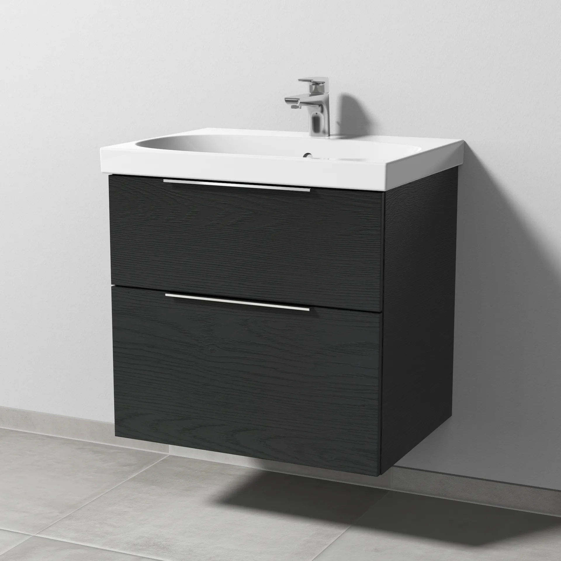 Sanipa Waschtischunterschrank „3way“ passend zu Keramik-Waschtische Acanto von Geberit 620 × 586 × 467 mm in Black Oak, mit Hahnlochbohrung, Becken