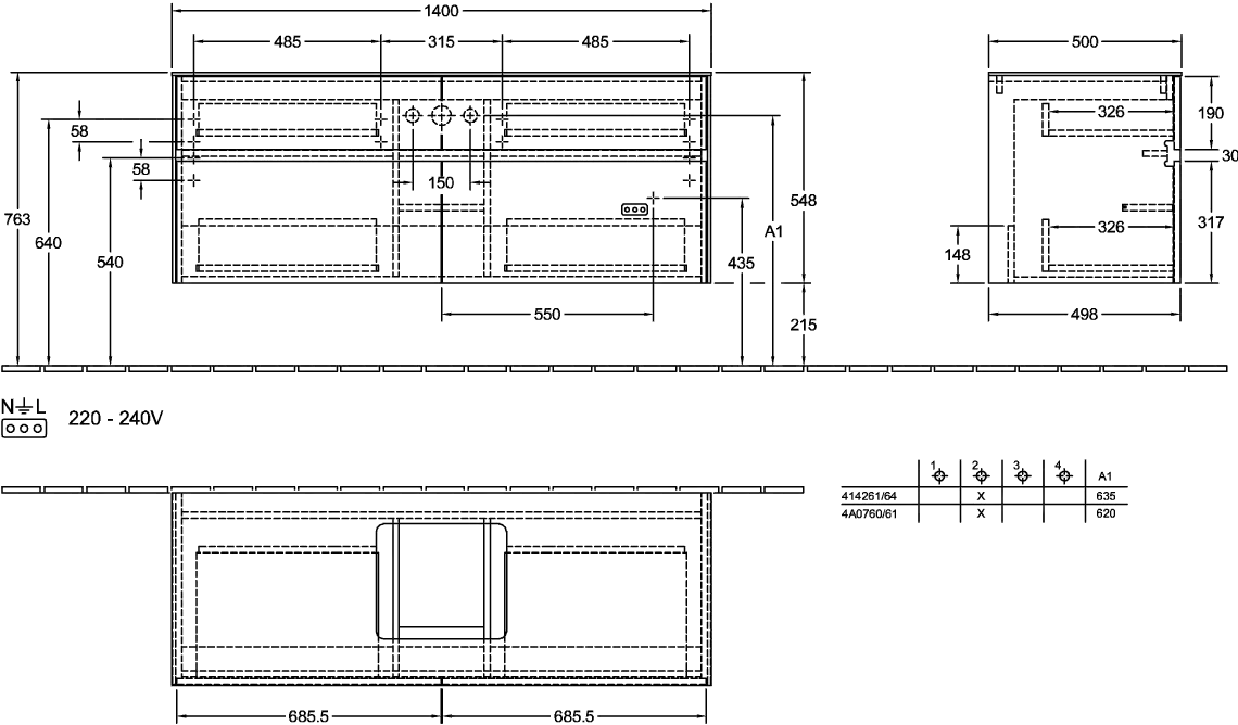 Villeroy & Boch Waschtischunterschrank „Collaro“ 1400 × 548 × 500 mm Black Oak, mit Beleuchtung, für Becken mittig