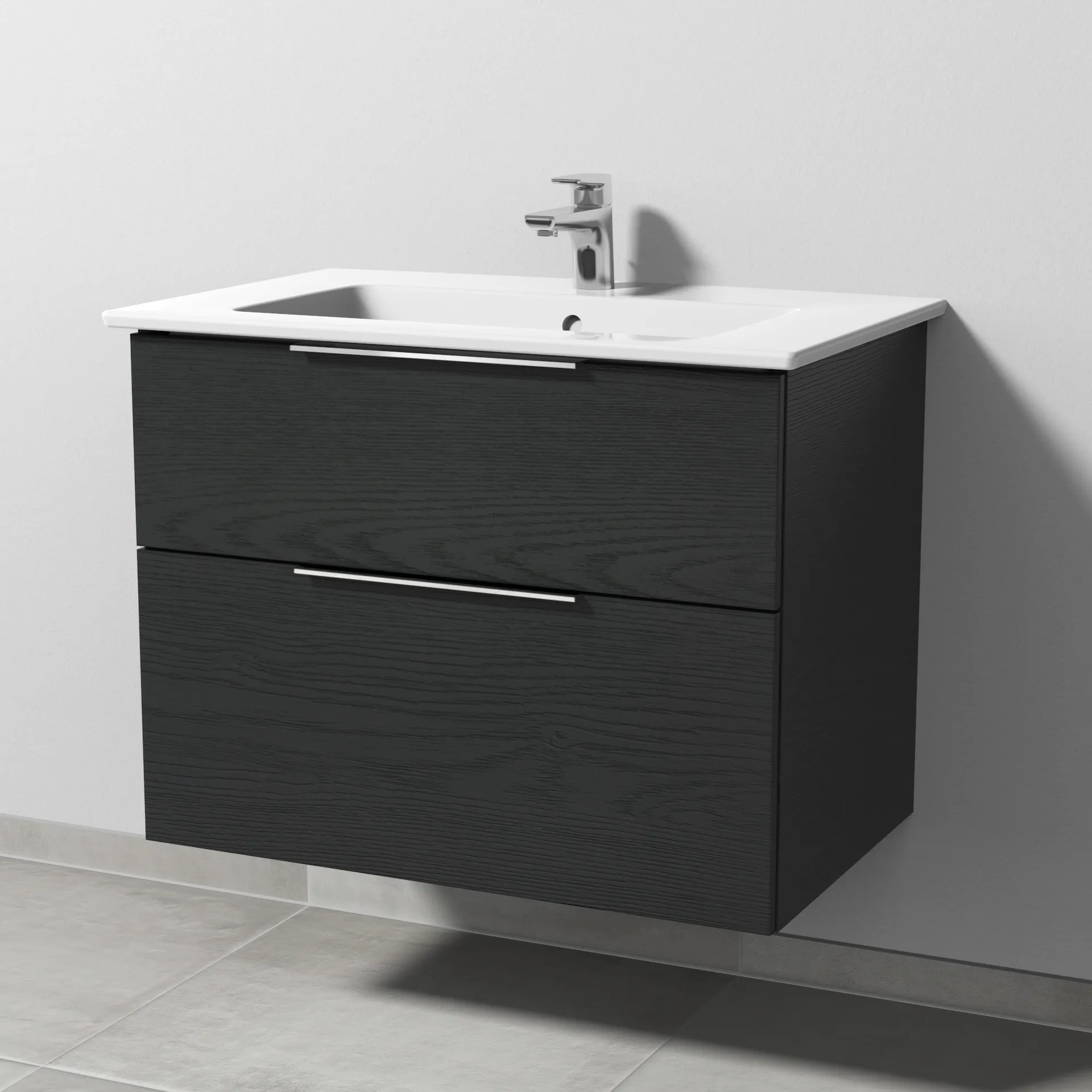Keramik-Waschtisch-Set mit Waschtischunterschrank „3way“ 75,5 × 47,7 × 59,1 cm in Black Oak, mit Hahnlochbohrung, Becken mittig