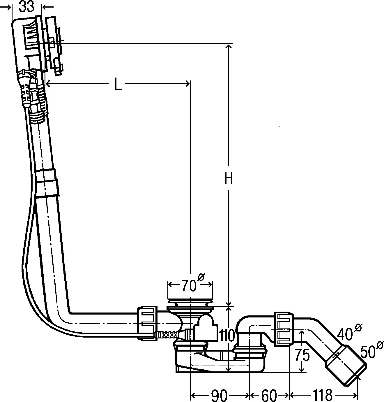 Viega Ab- und Überlaufgarnitur mit Zulauffunktion Modell 6161.51 „Multiplex Trio“ für Standardwannen (Ablauf am Fußende)