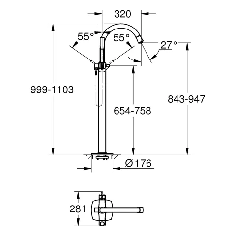 Einhand-Wannenbatterie Grandera 24375, Bodenmontage, Fertigmontageset für 45 984, mit Handbrauseset, eigensicher, chrom Einhand-Wannenbatterie Grandera 24375, Bodenmontage, Fertigmontageset für 45 984, mit Handbrauseset, eigensicher, chrom