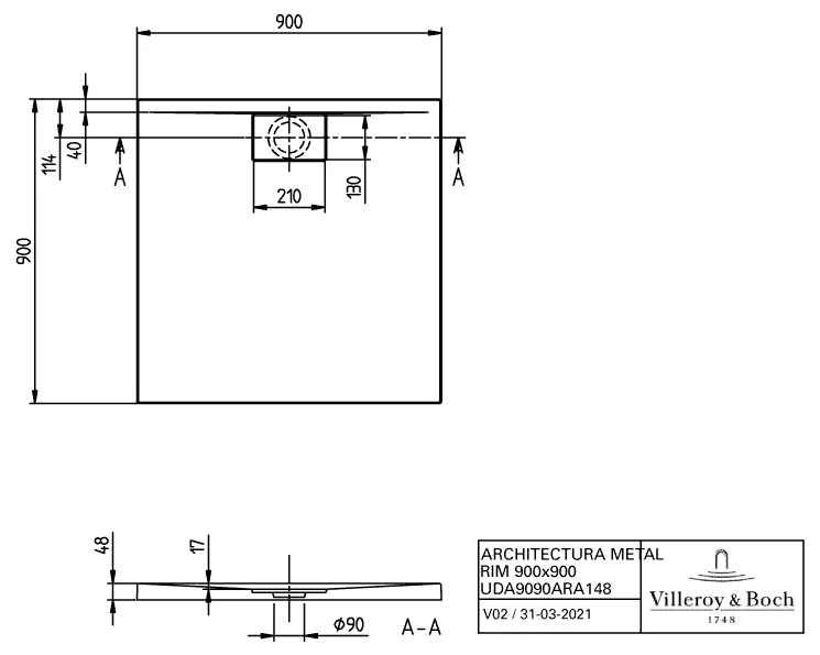 Villeroy & Boch quadrat Duschwanne „Architectura MetalRim“ 90 × 90 cm