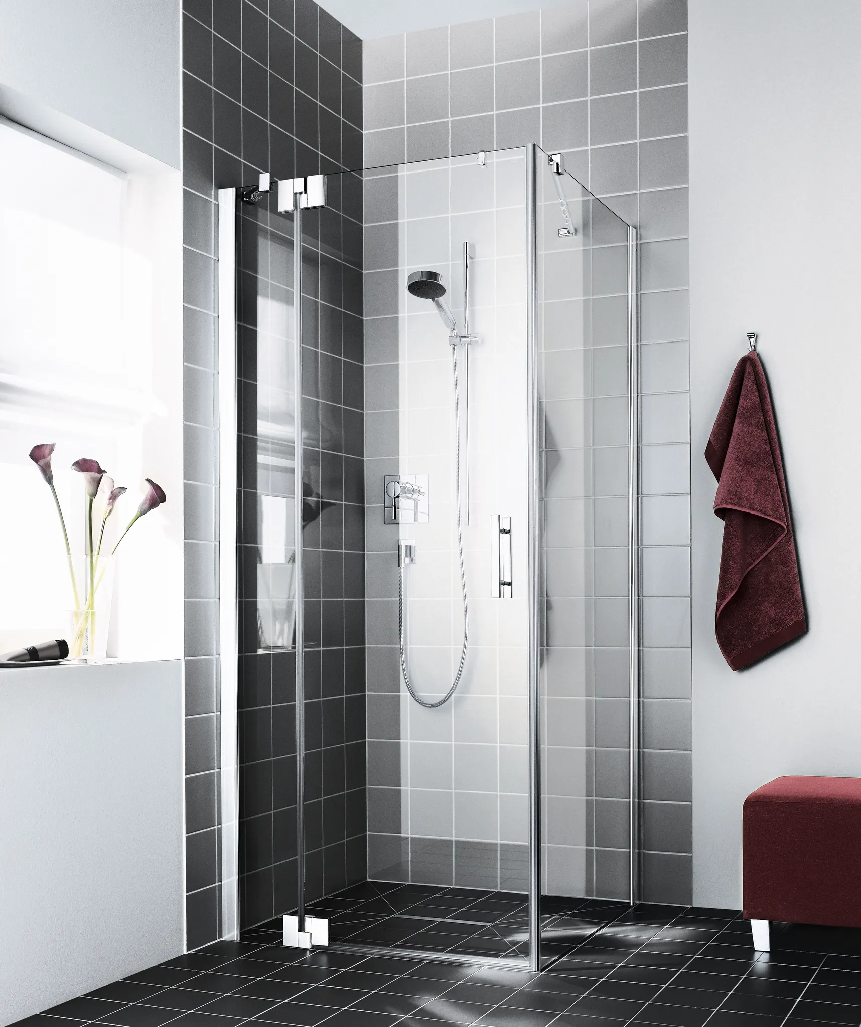 Kermi Duschtür Pendeltür 1-flügelig mit Festfeld rechts für Ecke „FILIA XP“ Glas Klar, BV: 725 - 750 mm GAK: 710 - 735 mm WE: 735 - 760 mm H: 1850 mm