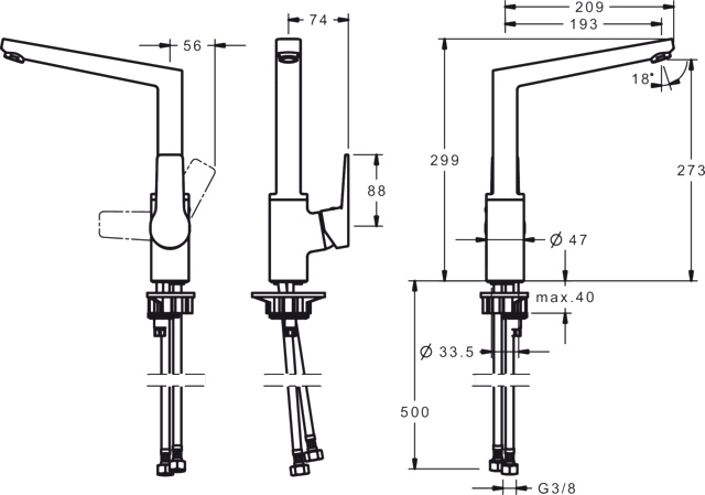 HA Einhebelmischer Küchenarmatur HANSATWIST 0920 Ausladung 193 mm DN15 Chrom