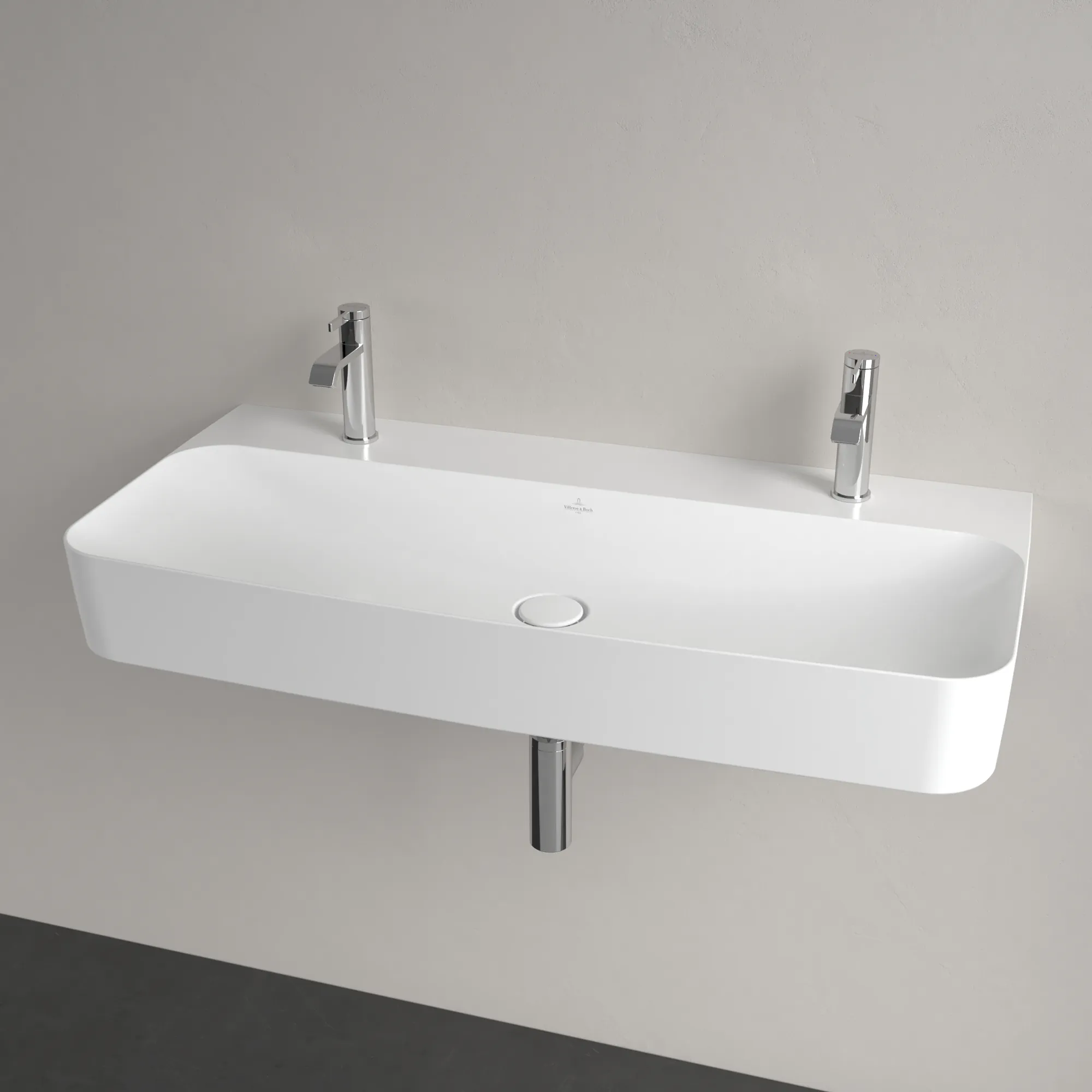 Villeroy & Boch Wandwaschtisch aus TitanCeram „Finion“ 1000 × 470 × 165 mm, Hahnlochposition links und rechts, mit Hahnlochbohrung in Stone White, mit CeramicPlus Villeroy & Boch Wandwaschtisch aus TitanCeram „Finion“ 1000 × 470 × 165 mm, Hahnlochposition links und rechts, mit Hahnlochbohrung in Stone White, mit CeramicPlus