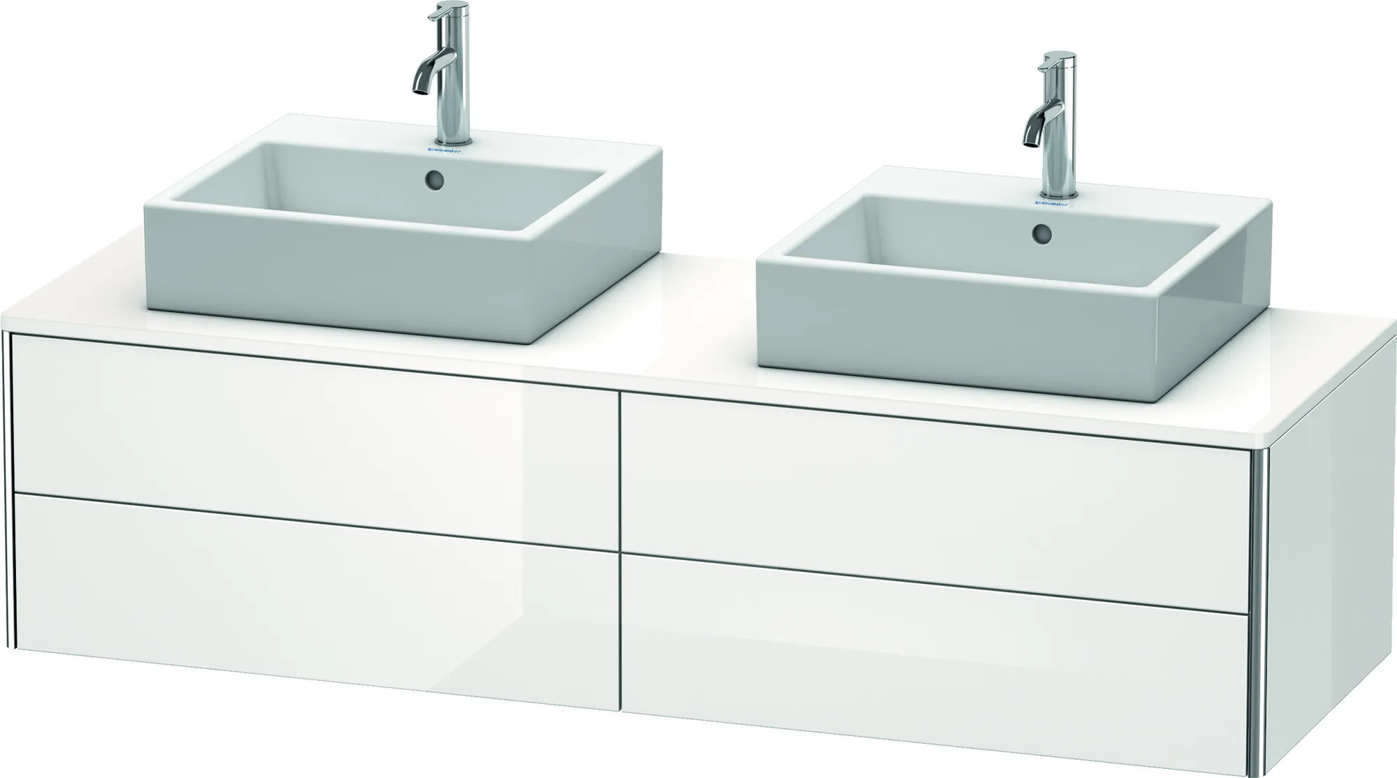 Duravit Waschtischunterschrank wandhängend „XSquare“ 160 × 40 × 54,8 cm Weiß Hochglanz Becken: links und rechts / Front- & Korpusfarbe: Weiß Hochglanz / Größe: 160 × 54,8 × 40 cm / Oberfläche: Dekor / Profile: Chrom / Schubladen: 4