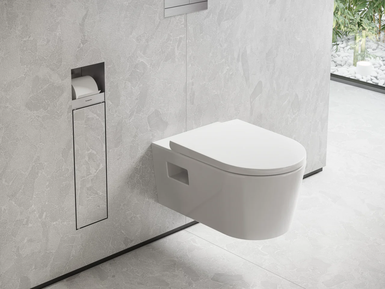 Hansgrohe XtraStoris Rock Einbau Toilettenbürstenhalter mit befliesbarer Tür, Edelstahl gebürstet, links anschlagend, 140 mm Einbautiefe