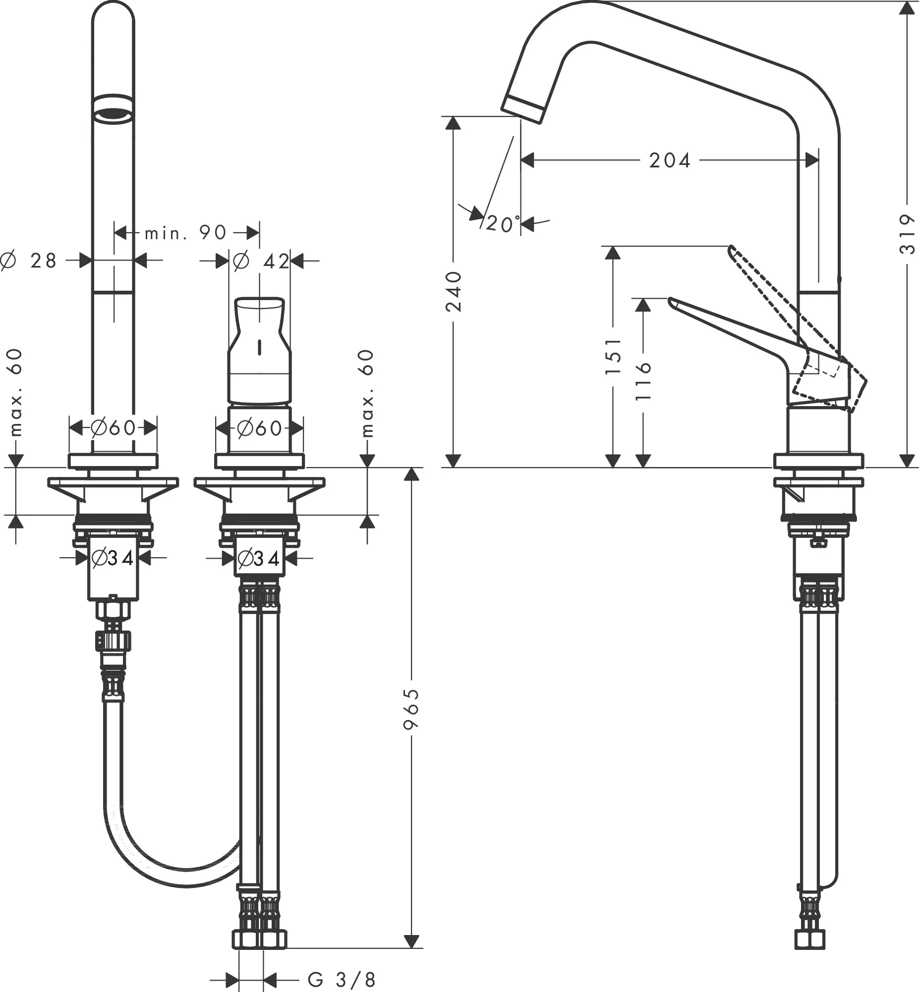 Hansgrohe AXOR Citterio M 2-Loch Küchenmischer Chrom, Schwenkauslauf, ComfortZone 240, einstellbarer Schwenkbereich 110°, 150° oder 360°, Normalstrahl, Quick-Connect Schlauch, max. Durchflussmenge 11 l/min bei 3 bar, Keramikmischsystem, Temperaturbegrenz