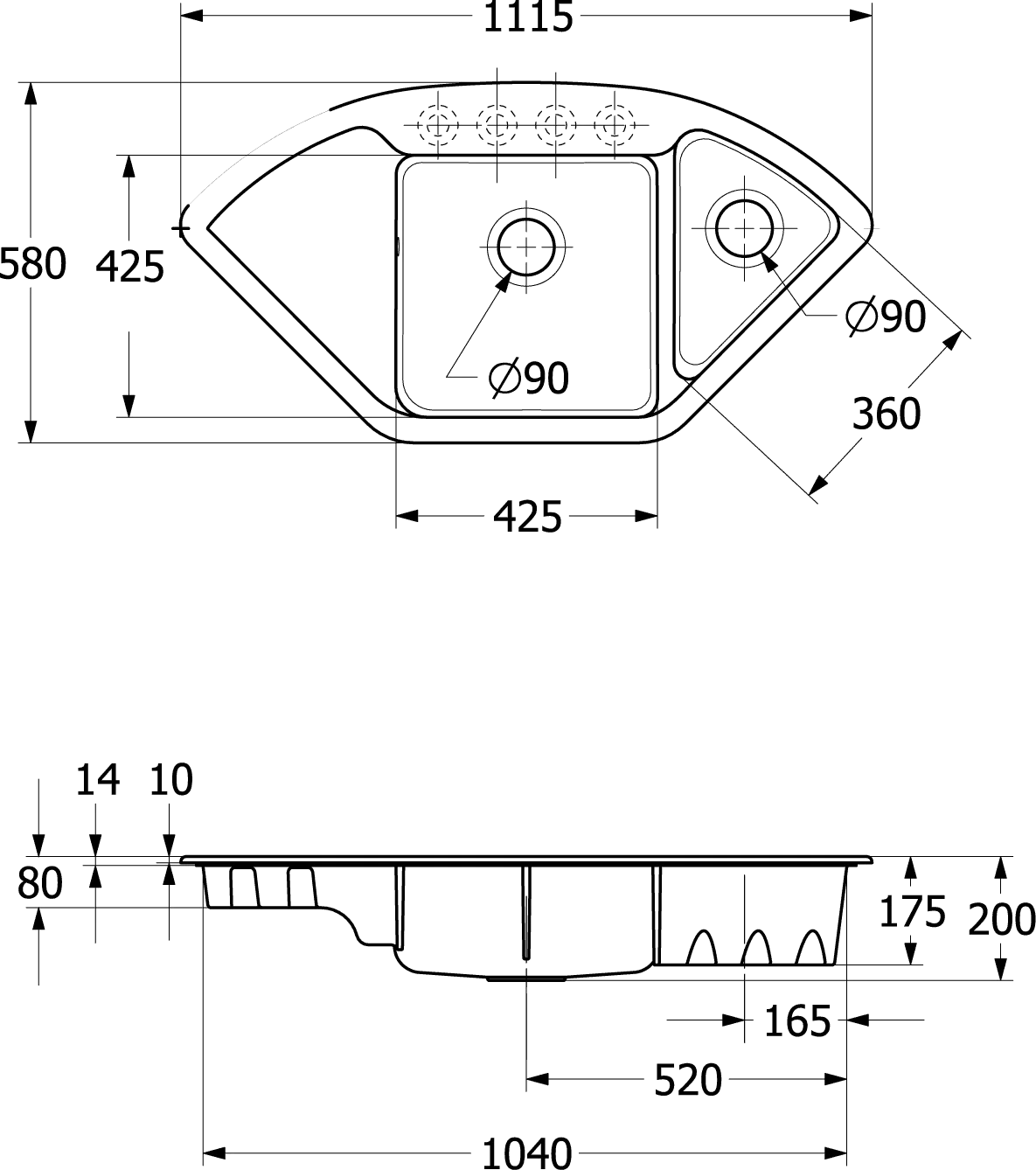Villeroy & Boch Eckspüle Subway Style Eck Almond CeramicPlus 1115x580 mm, Höhe 200 mm, Einbaumaß 900 mm, Beckenmaße 445x350 mm