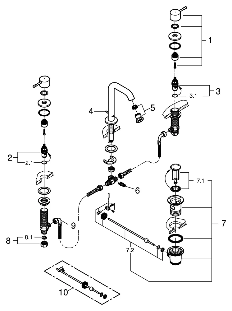 3-Loch-Waschtischbatterie Essence 20296_1, Zugstangen-Ablaufgarnitur 1 1/4'' 3-Loch-Waschtischbatterie Essence 20296_1, Zugstangen-Ablaufgarnitur 1 1/4''