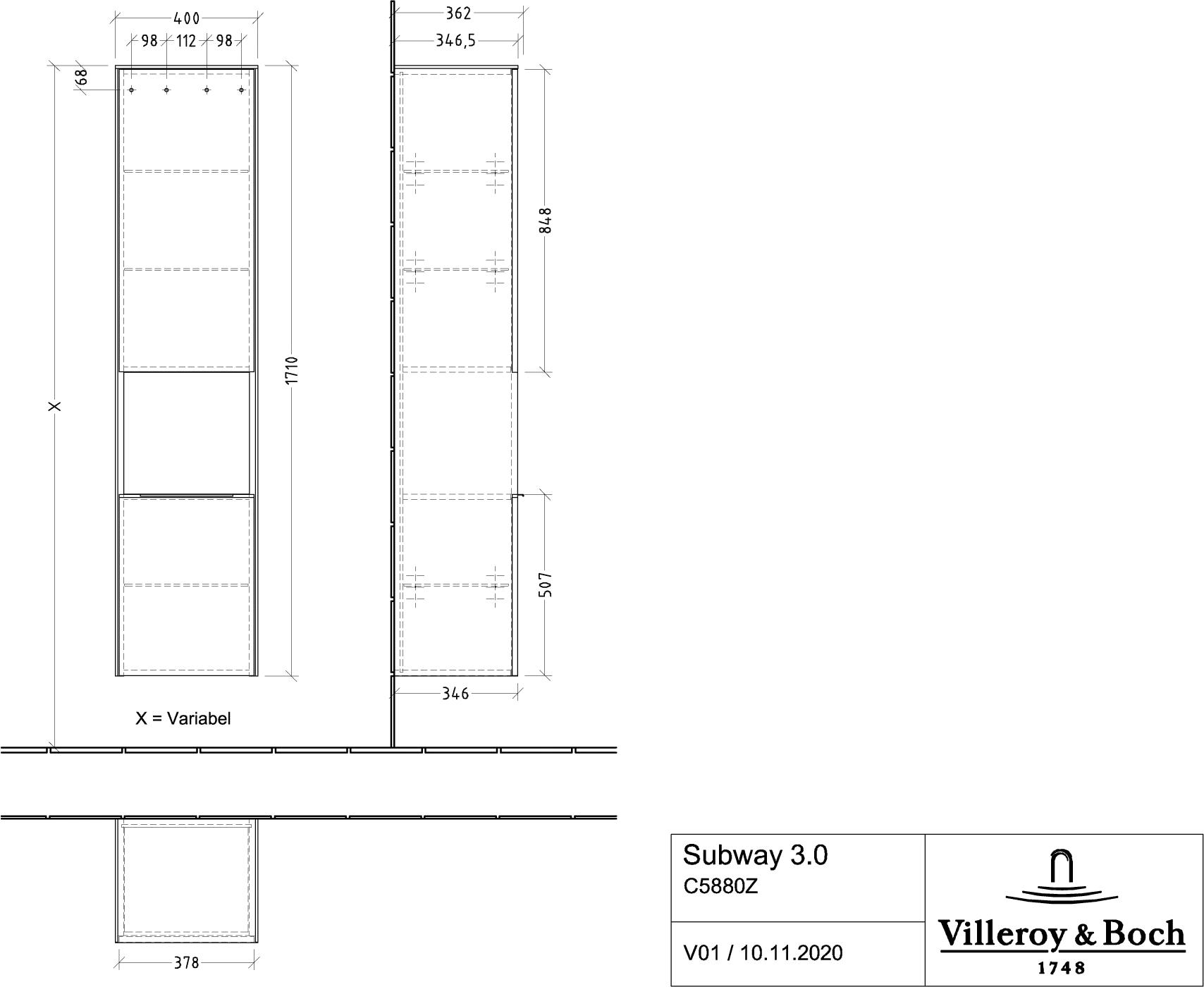 Villeroy & Boch Hochschrank mit offenem Fach „Subway 3.0“ 40 × 171 × 36,2 × 36,2 cm 2 Türen, 1 × offenes Fach, 2 × fixer Fachboden, Anschlag: links, 3 × Glasfachboden, 2 Türen, Anschlag links