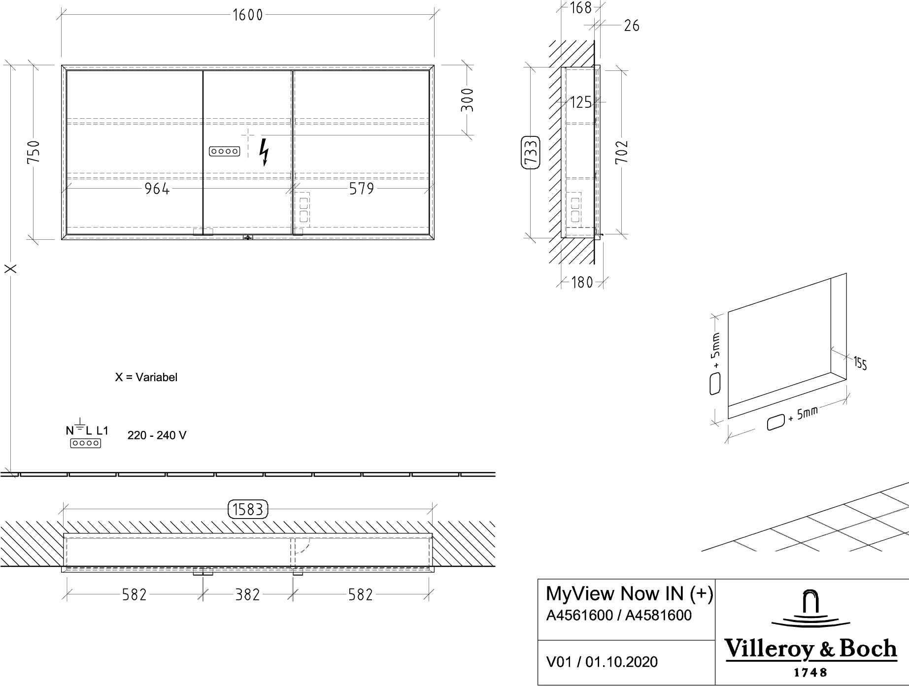 Villeroy & Boch Einbau-Spiegelschrank My View Now A45816, 1600x750x168mm