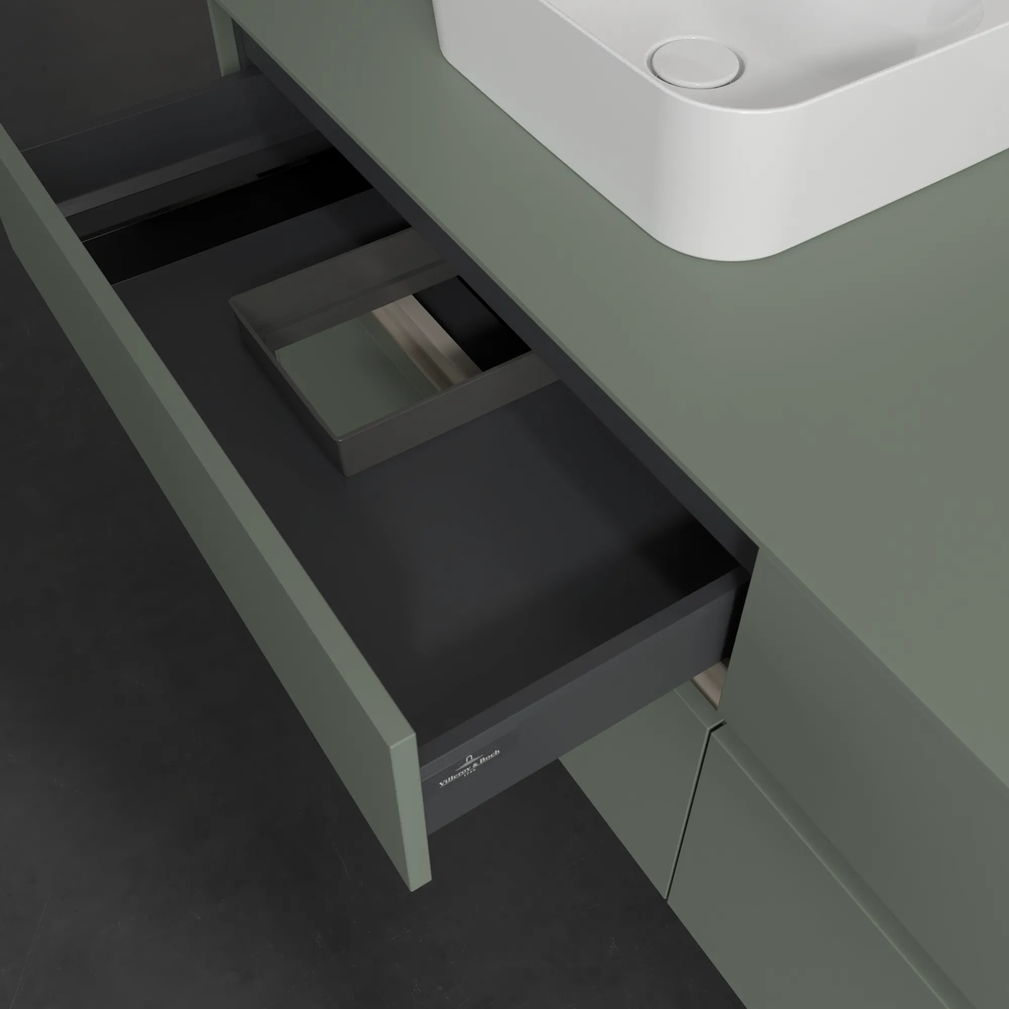 Villeroy & Boch Waschtischunterschrank „Collaro“ 1600 × 548 × 500 mm Soft Green, mit Beleuchtung, für Becken links Villeroy & Boch Waschtischunterschrank „Collaro“ 1600 × 548 × 500 mm Soft Green, mit Beleuchtung, für Becken links