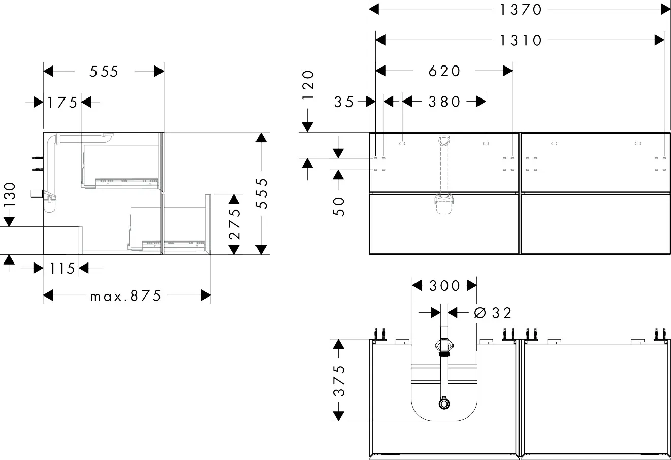 Hansgrohe Xevolos E Waschtischunterschrank Mattweiß 1370⁄550 mit 4 Schubkästen für Konsole mit Ausschnitt links, Oberfläche Front: Eiche Dunkel Hansgrohe Xevolos E Waschtischunterschrank Mattweiß 1370⁄550 mit 4 Schubkästen für Konsole mit Ausschnitt links, Oberfläche Front: Eiche Dunkel