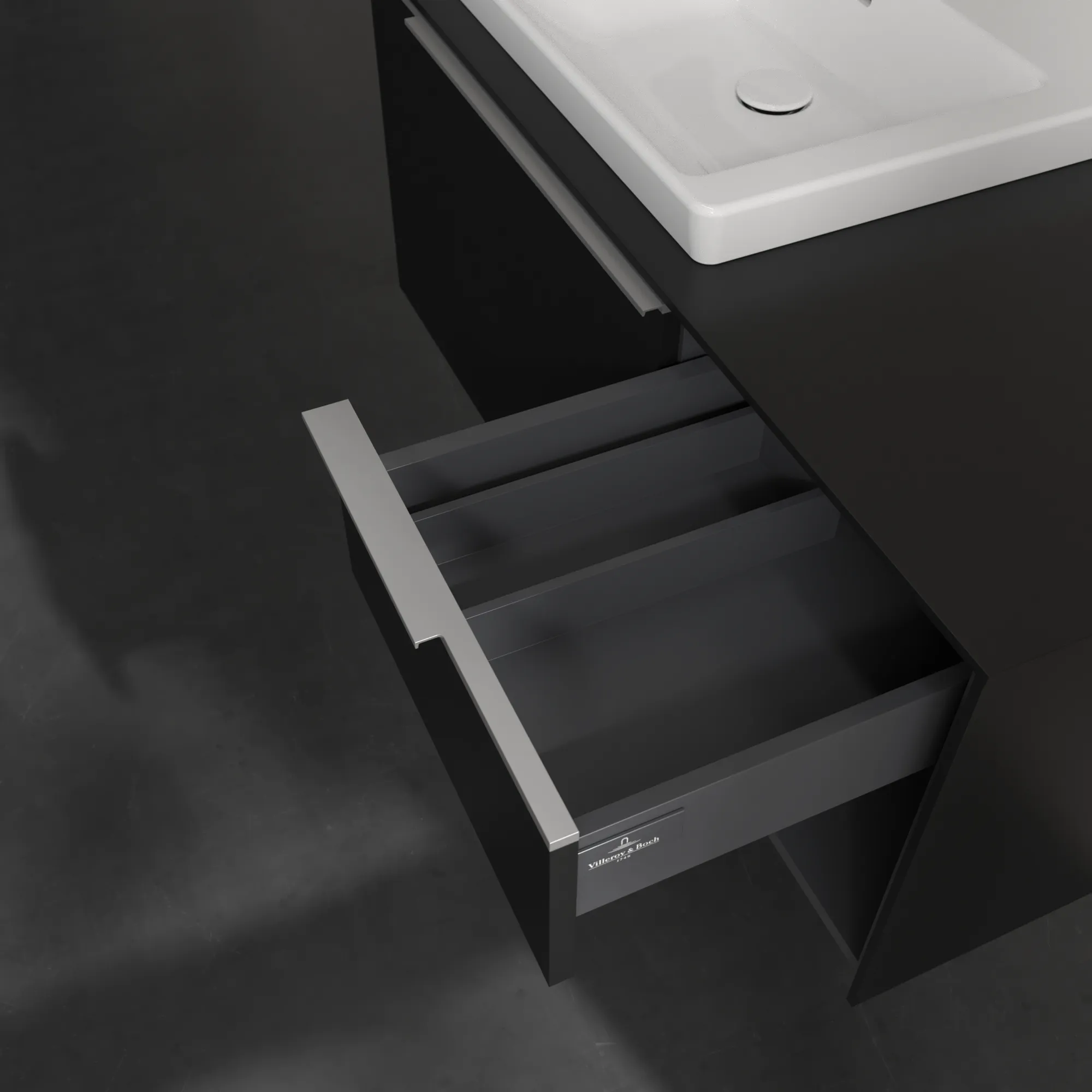 Villeroy & Boch Waschtischunterschrank mit Regalelement „Subway 3.0“ für Schrankwaschtisch 1001 × 423 × 516 mm Volcano Black, für Becken links Villeroy & Boch Waschtischunterschrank mit Regalelement „Subway 3.0“ für Schrankwaschtisch 1001 × 423 × 516 mm Volcano Black, für Becken links