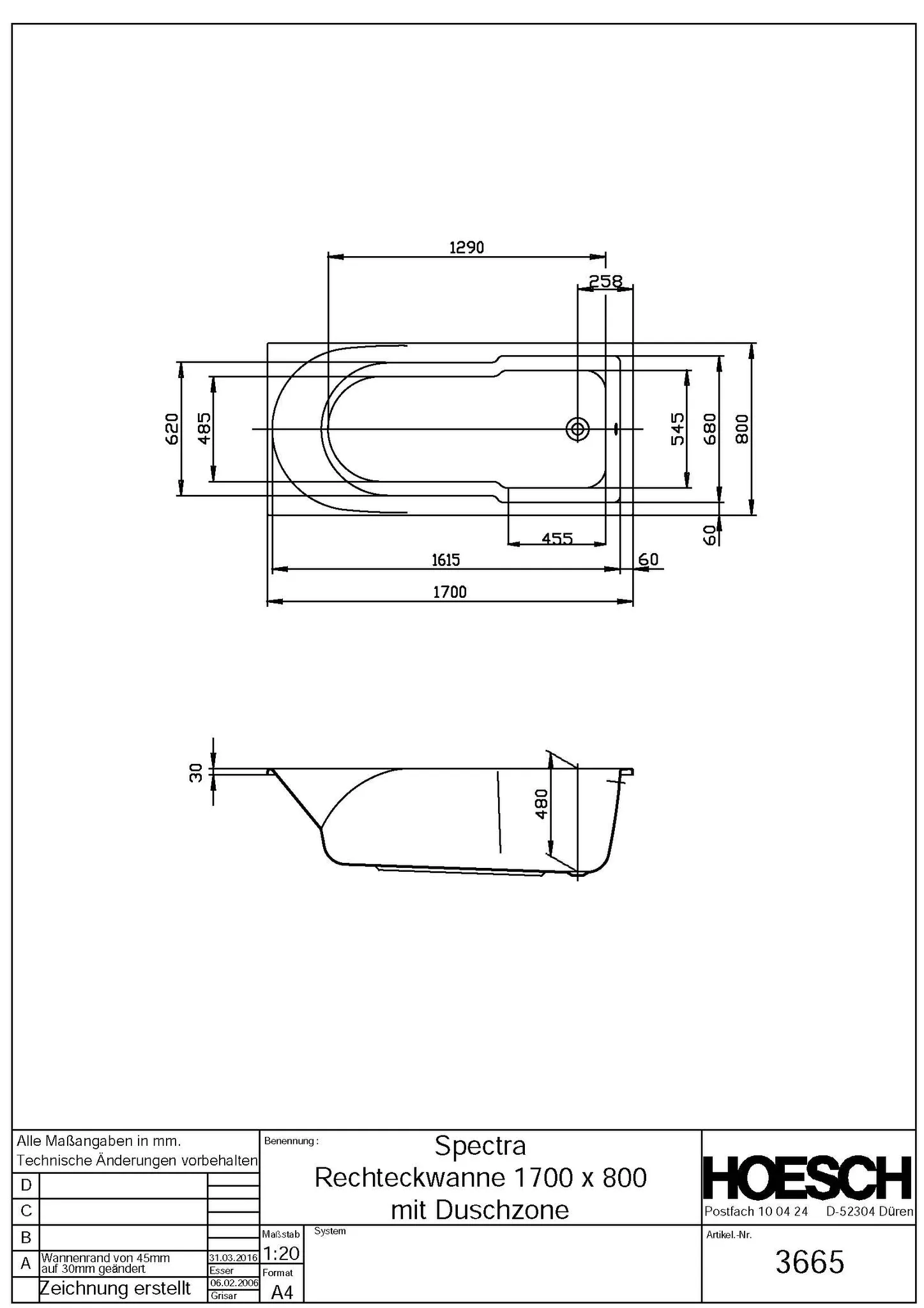 Hoesch Badewanne „Spectra“ rechteck 170 × 80 cm in Weiß