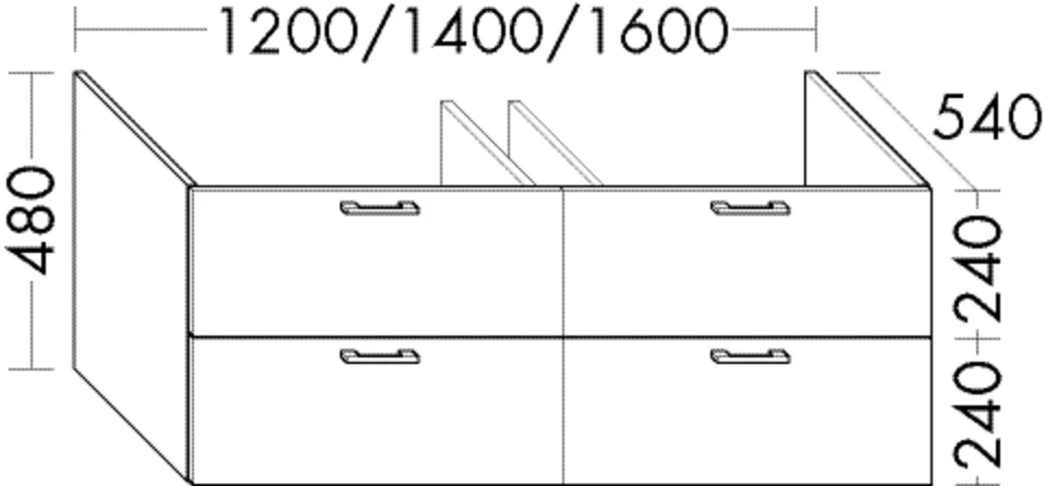 Burgbad Waschtischunterschrank Sys30, 1200 mm breit, 480 mm hoch, 540 mm tief, 2 Schubladen oben (350 mm), 2 Auszüge unten (420 mm), mittiger Installationsraum