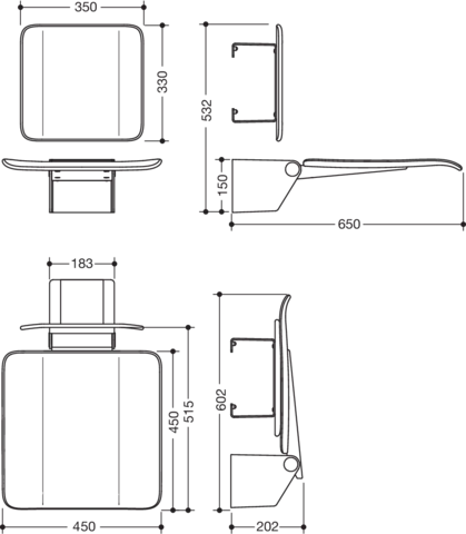 Klappsitz des Systems 900, Wandkonsole aus Edelstahl, PVD, Sitzfläche und Rückenlehne aus strukturiertem Kunststoff, schwarz, Sitzfläche 450 mm breit, 450 mm tief, in Farbe CK (messing glänzend)