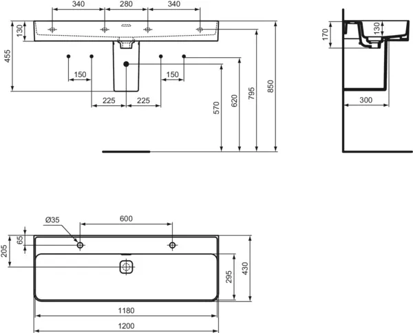 Waschbecken „StradaII“ 120 × 43 × 17 cm, Hahnlochposition links und rechts in Weiß