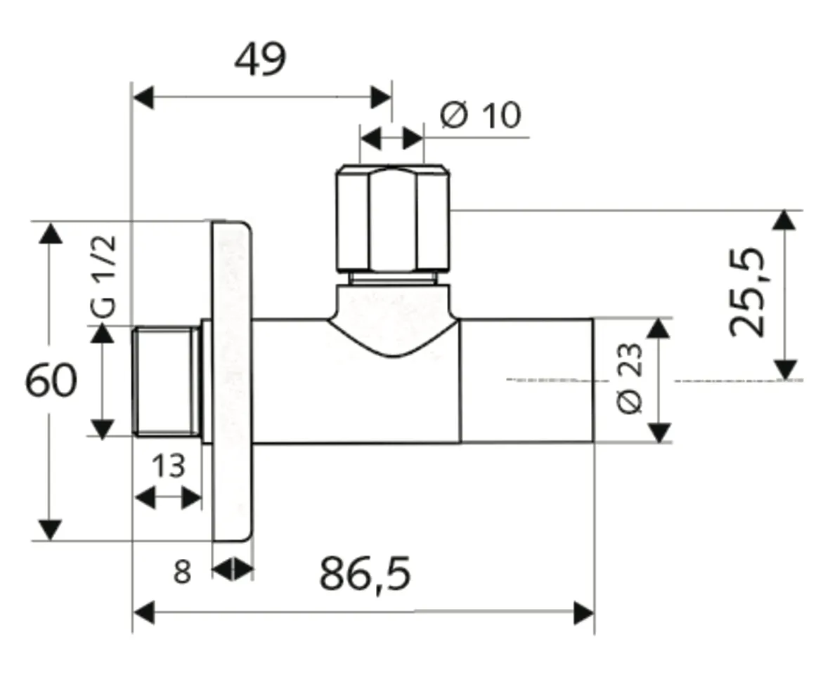 Design-Eckventil mit Regulierfunktion STILE, Schubrosette Ø 60 mm, DN 15 G 1/2 AG, Ø 10 mm (DN 10 G 3/8 AG), chrom