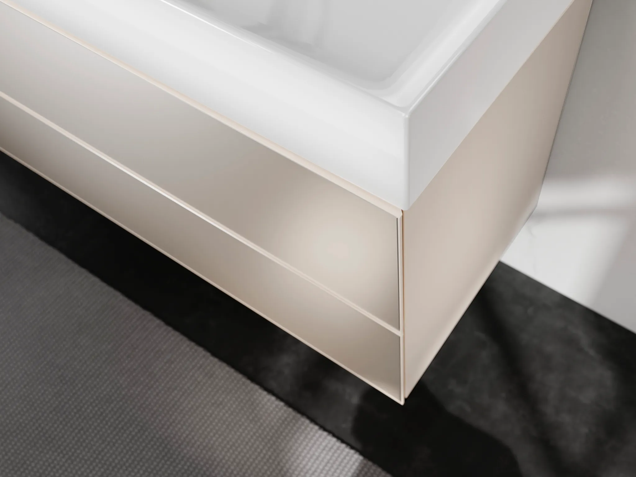 Xevolos E Waschtischunterschrank Sandbeige Matt 980/550 mit 2 Schubkästen für Konsolen mit Aufsatzwaschtisch geschliffen Bronze Struktur
