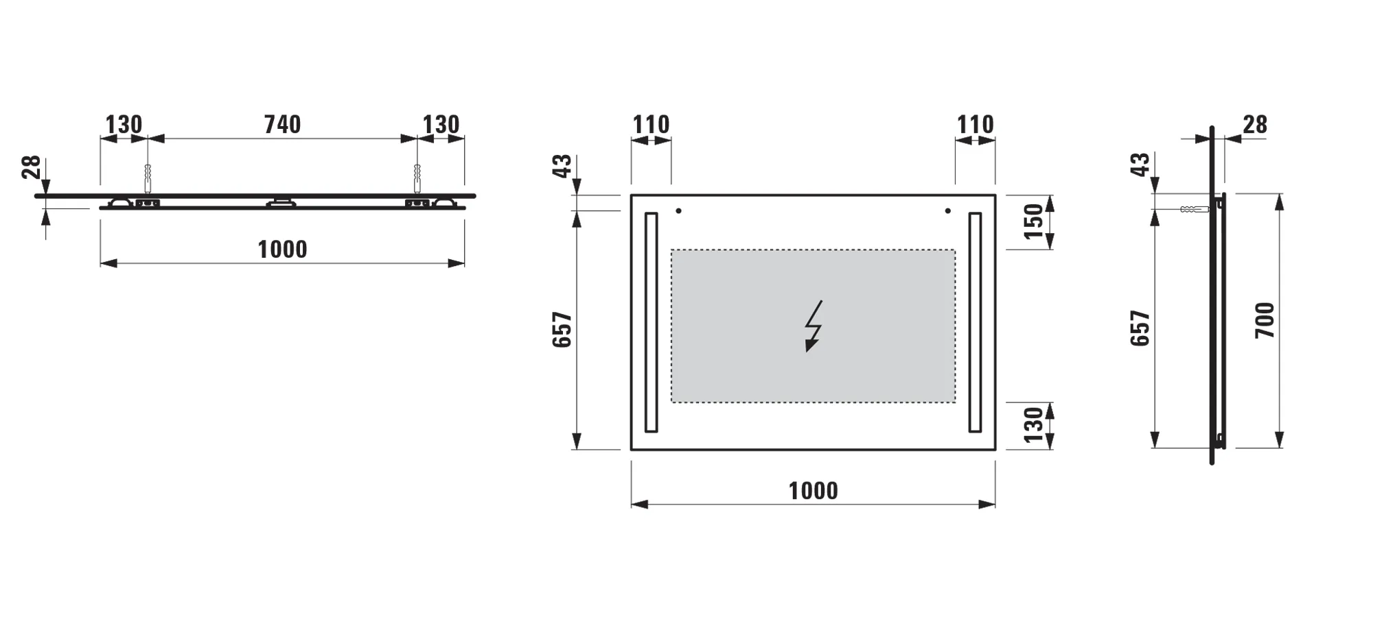 Laufen Spiegel LANI 1000x28x700 mit 2 vertikal integrierten LED-Lichtelementen, Wandhänge, 1200 mm Länge, 30 mm Breite, 700 mm Höhe