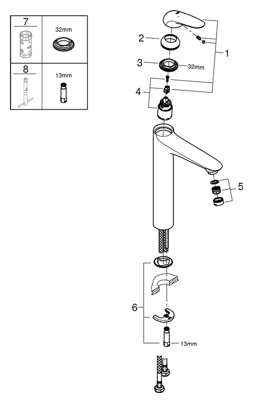 Einhand-Waschtischbatterie Eurostyle 23719_3, XL-Size, Einlochmontage, geschlossener Metall-Hebelgriff, für freistehende Waschschüsseln, glatter Körper, chrom