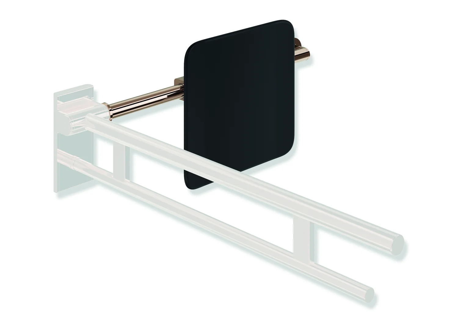 HEWI Rückensstütze System 900, PVD beschichtet, Kupfer glänzend, Achsmaß verstellbar 616-716 mm, Tiefe 150 mm, einseitig Wandmontage mit Rosetten (links), Montage an Stützklappgriffen Design (A) (rechts)