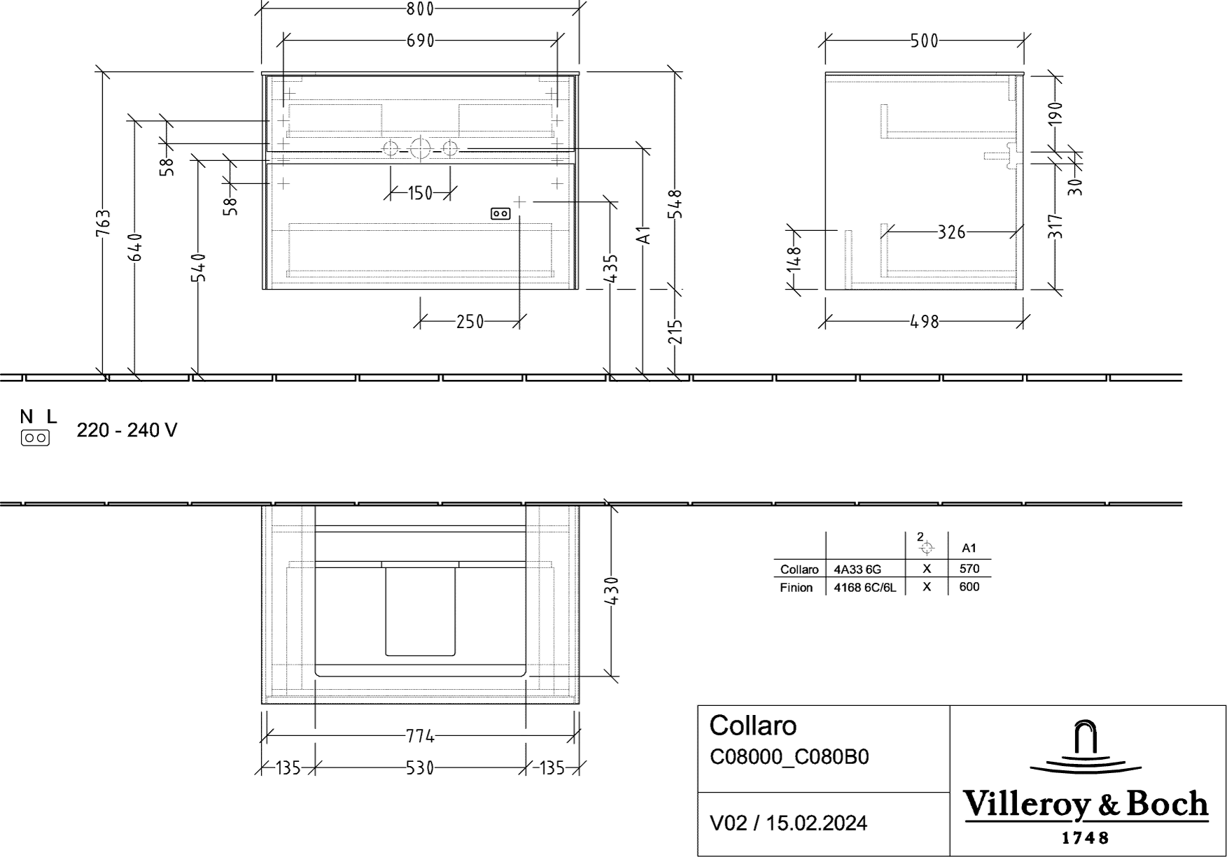 Villeroy & Boch Waschbeckenunterschrank Collaro Arizona Oak, 800x548x500 mm, Eckig mit SoftClosing und integrierten Aluminiumgriffen