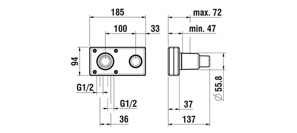 Unterputz Einbaukörper SIMIBOX 2-Point passend zu TWINPLUS Anschluss 1/2“ GN Patrone Quattro-G Messingkörper mit Styroporbox und Bauschutzkappe Bedienung links