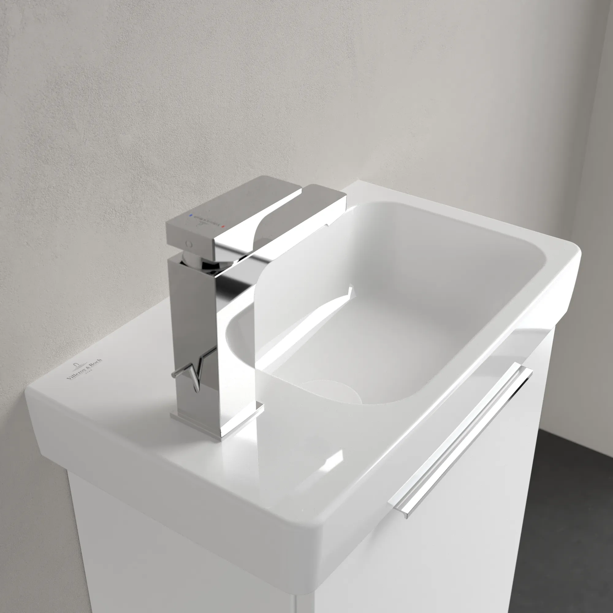 Villeroy & Boch Waschbecken „Architectura“ 480 × 275 × 138 mm, ohne Hahnlochbohrung, für Becken rechts in Weiß Alpin Villeroy & Boch Waschbecken „Architectura“ 480 × 275 × 138 mm, ohne Hahnlochbohrung, für Becken rechts in Weiß Alpin