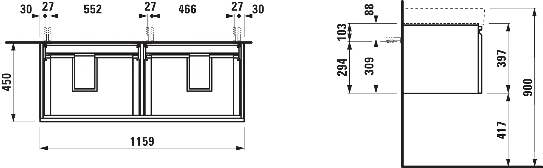 Waschtischunterbau PRO S450x1159x397 2 Schubladen mitGriffmulde für Waschtisch H814966 weißmatt