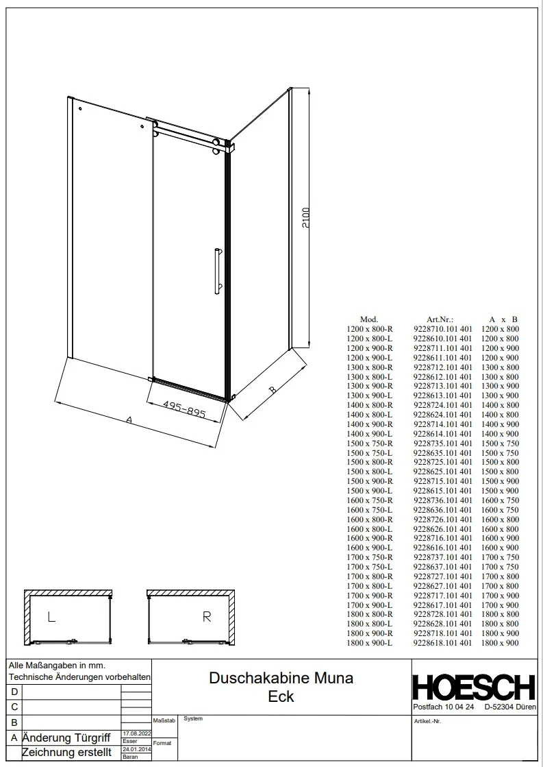 Hoesch Muna Duschkabine 1600x800 links Eckversion Everclean, Haltestange eloxal silber Hoesch Muna Duschkabine 1600x800 links Eckversion Everclean, Haltestange eloxal silber