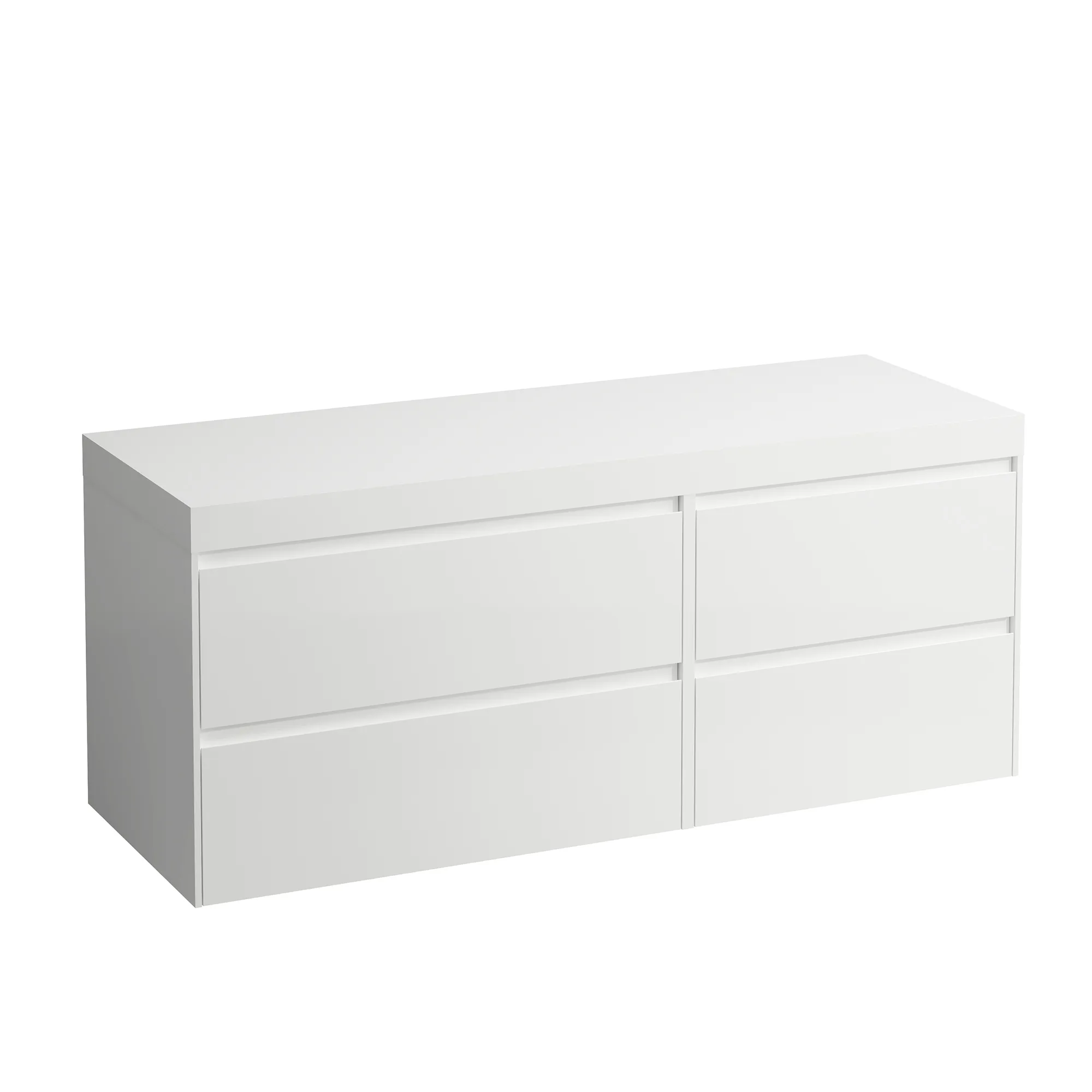 Waschtischunterbau+Waschtischplatte (MODULAR SYSTEM) LANI 495x1370x580 ohne Ausschnitt Abdeckplatte 65 mm (Farbe: .260 weiß matt), mit 4 Schubladen (800 mm links + 600 mm rechts) integrierter Griffleiste Vollauszug und Soft-Close weiß matt