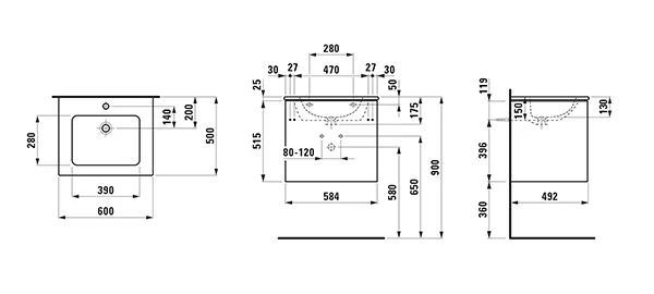 Waschtisch+Waschtischunterbau PRO S SET LANI 500x600x540 Waschtisch weiß, 1 Hahnloch + Lani Waschtischunterbau, 2 Schubladen, integrierte Griffleiste, inklusive Ordnungssystem, weiß matt