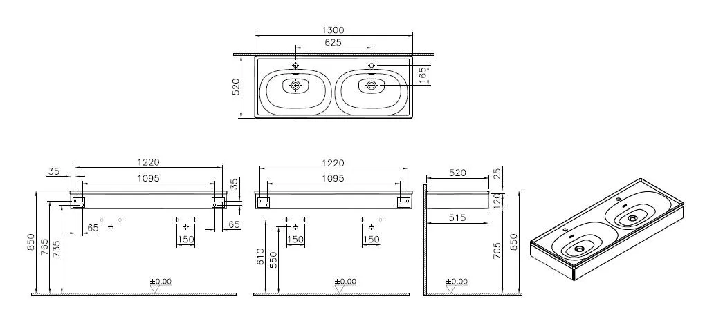 Equal Set Doppelwaschtisch 130 cm mit Holzblende 2 Becken 2 Hahnlöcher Weiß Hochglanz mit Oberflächenveredelung Clean/Ulme