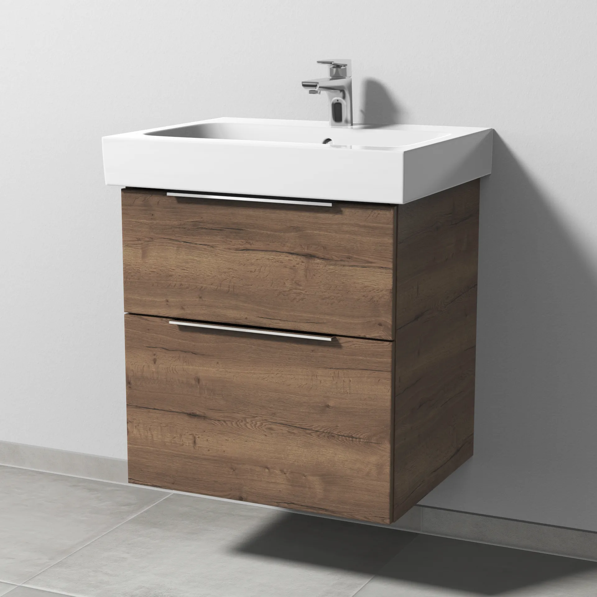 Sanipa Waschtischunterschrank „3way“ 550 × 593 × 462 mm in Eiche Tabak, Becken mittig Sanipa Waschtischunterschrank „3way“ 550 × 593 × 462 mm in Eiche Tabak, Becken mittig