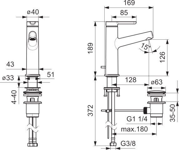 HA Einhebelmischer Waschtischbatterie HANSADESIGNO Style 5183 Zugstangenablaufgarnitur Ausladung 128 mm DN15 Chrom