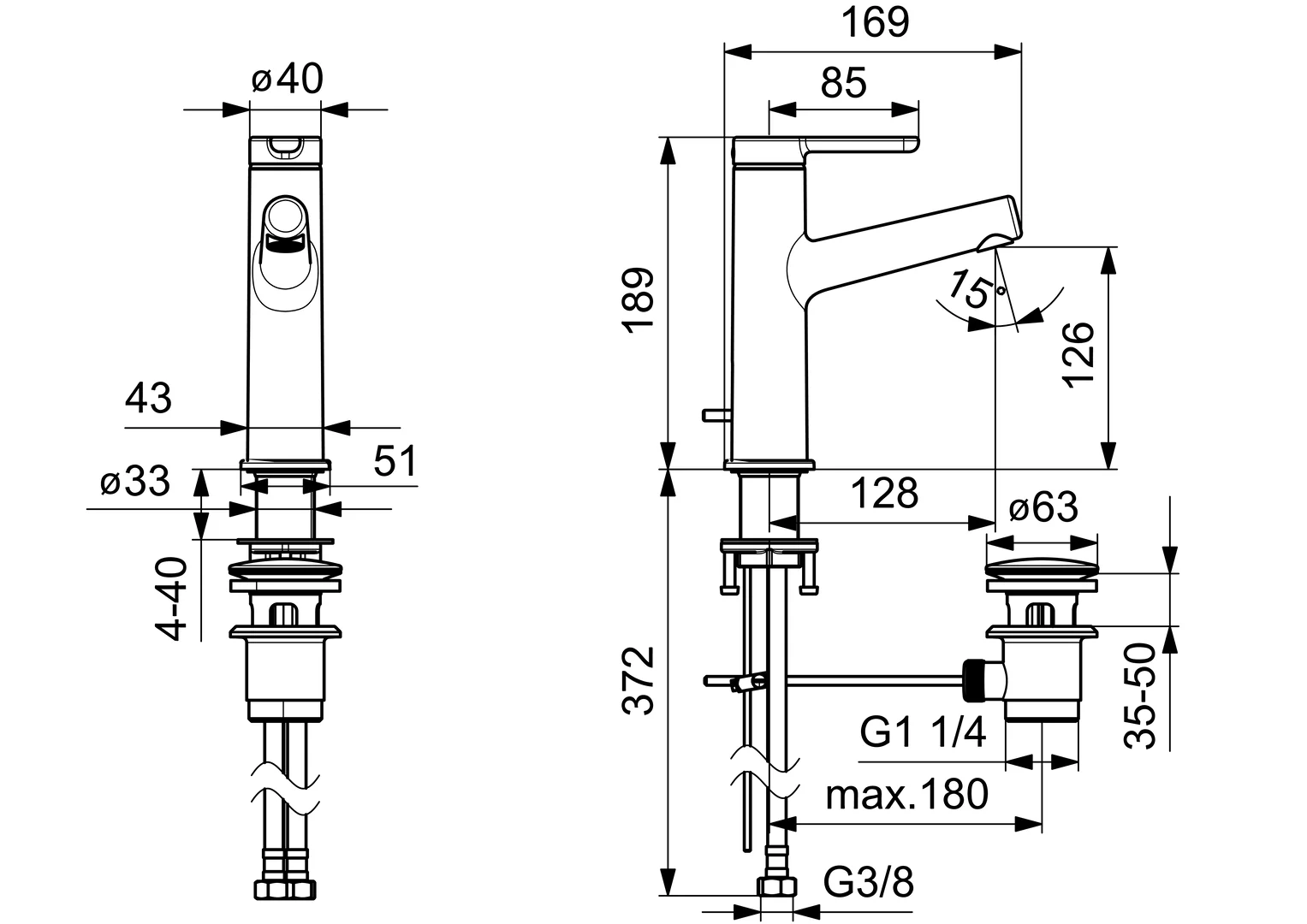HansaDESIGNO Style Waschtischarmatur 5183 Zugstangenablaufgarnitur Ausladung 128 mm DN15 Chrom