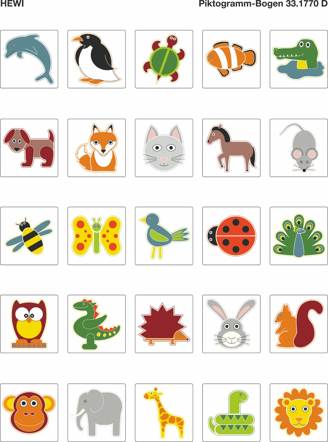 Piktogrammbogen 25 Motive, Serie Tiere, 36x36mm Piktogrammbogen 25 Motive, Serie Tiere, 36x36mm