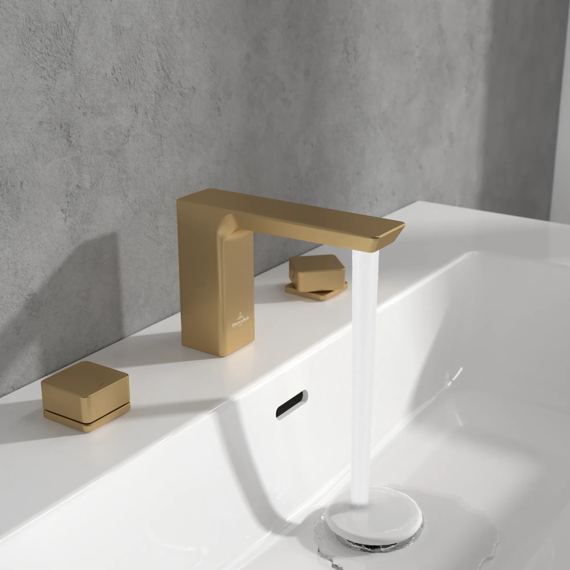 Villeroy & Boch Subway 3.0 Dreiloch-Waschtischarmatur, Brushed Gold, 122 mm Höhe, 43 mm Durchmesser, 345x178x122 mm, verstellbarer Strahlregler