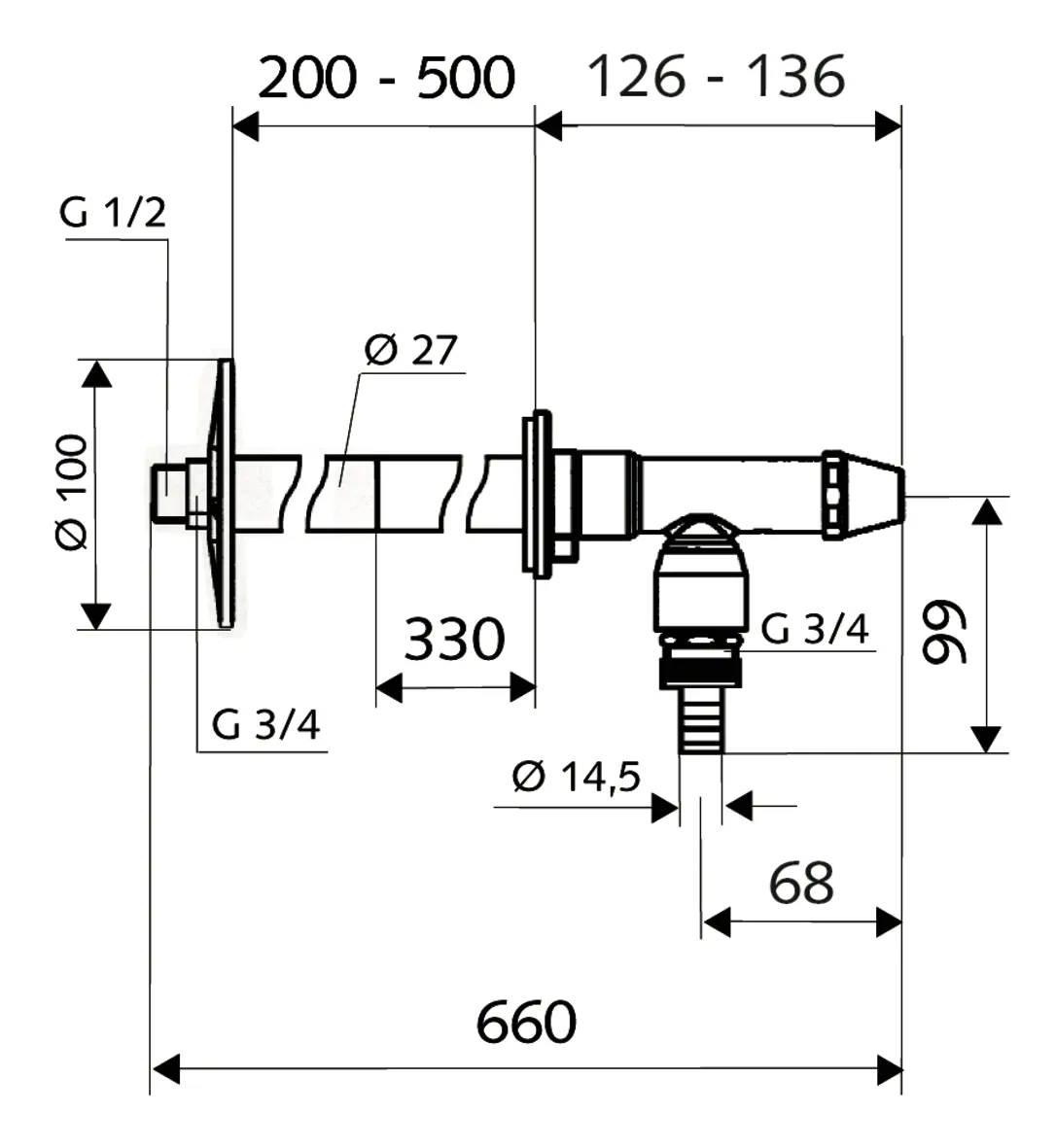 Außenwandarmatur POLAR II, Frostsicher Set, Rückflussverhinderer RV, Rohrbelüfter RB, DN 15 G 1/2 AG, Schlauchverschraubung Ø 14,5 mm (DN 20 G 3/4 AG), mattchrom